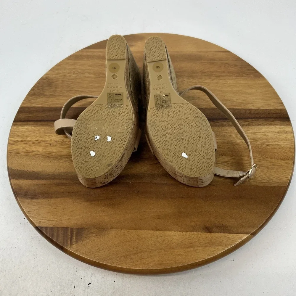 New Womens Stuart Weitzman 5050 Beige Leather Raffia Platform Wedge Sandals Sz 9